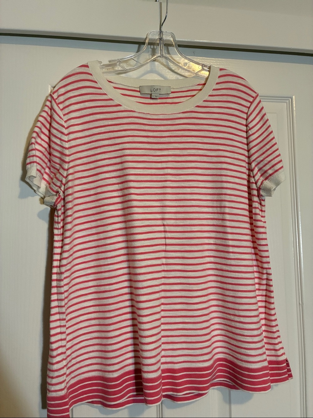 LOFT Coral Pink & White Striped Crewneck Tee